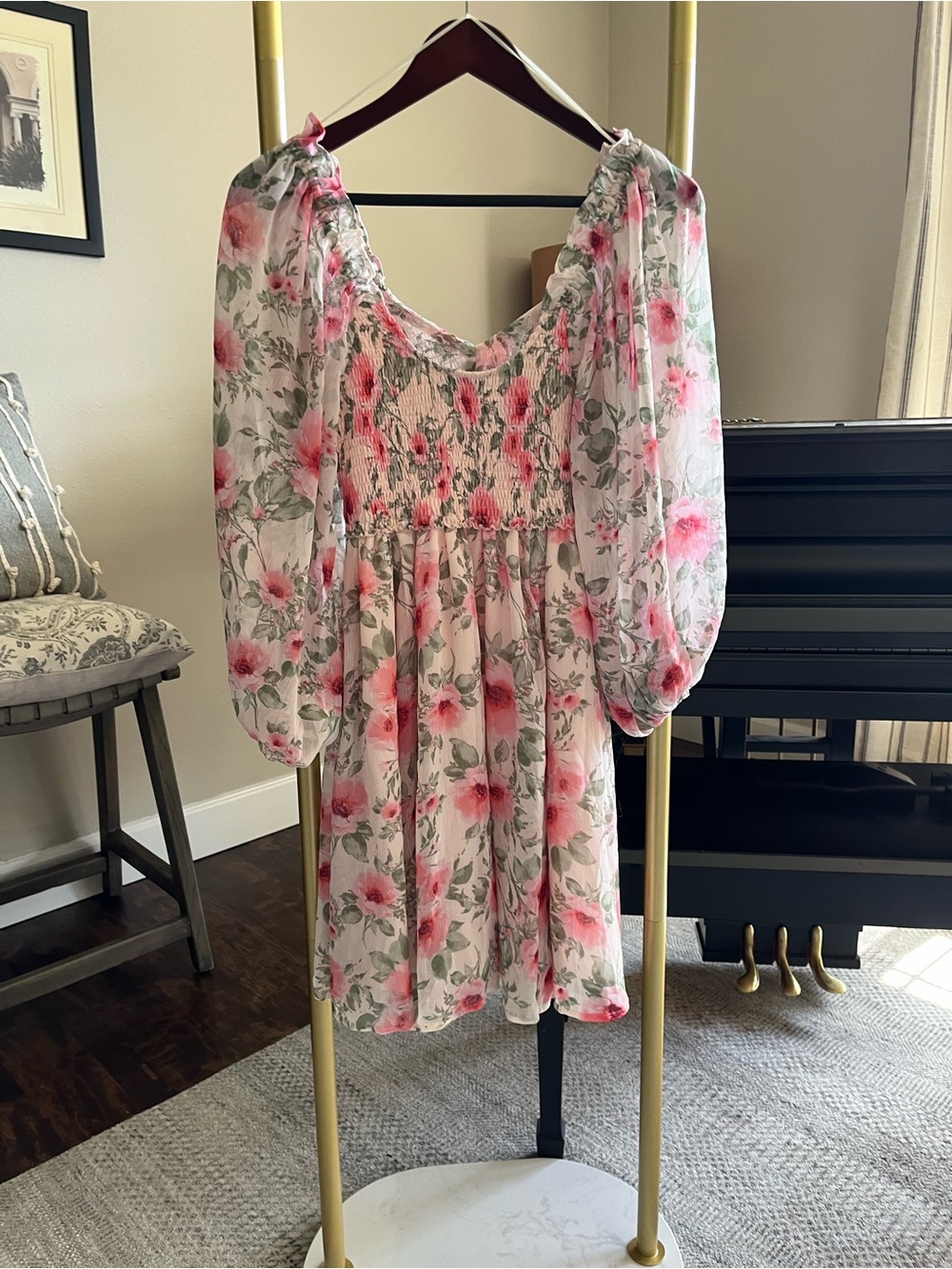 Anthropology Fate Floral Puff Sleeve Smocked Mini Dress - Pink & Green